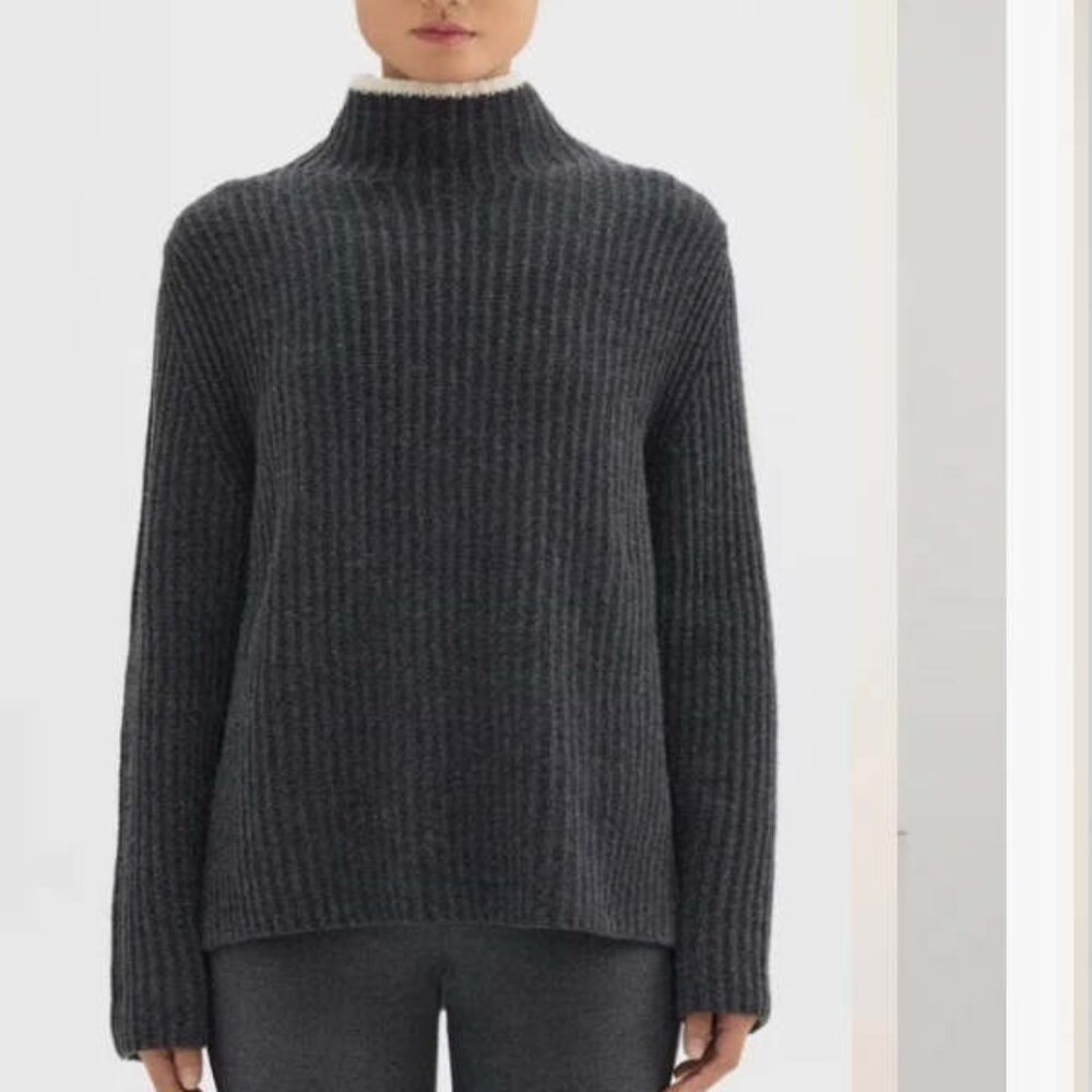 Theory Karenia Turtleneck Felted Wool Cashmere Ribbed Sweater Gray L